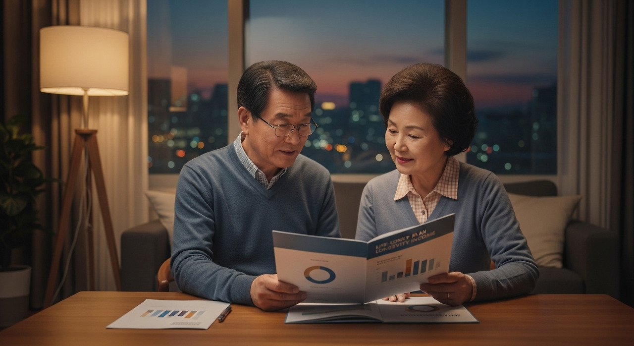밝은 오후 거실, 한국 시니어 부부가 가계 현금흐름표를 함께 보며 인출 순서를 점검하는 장면