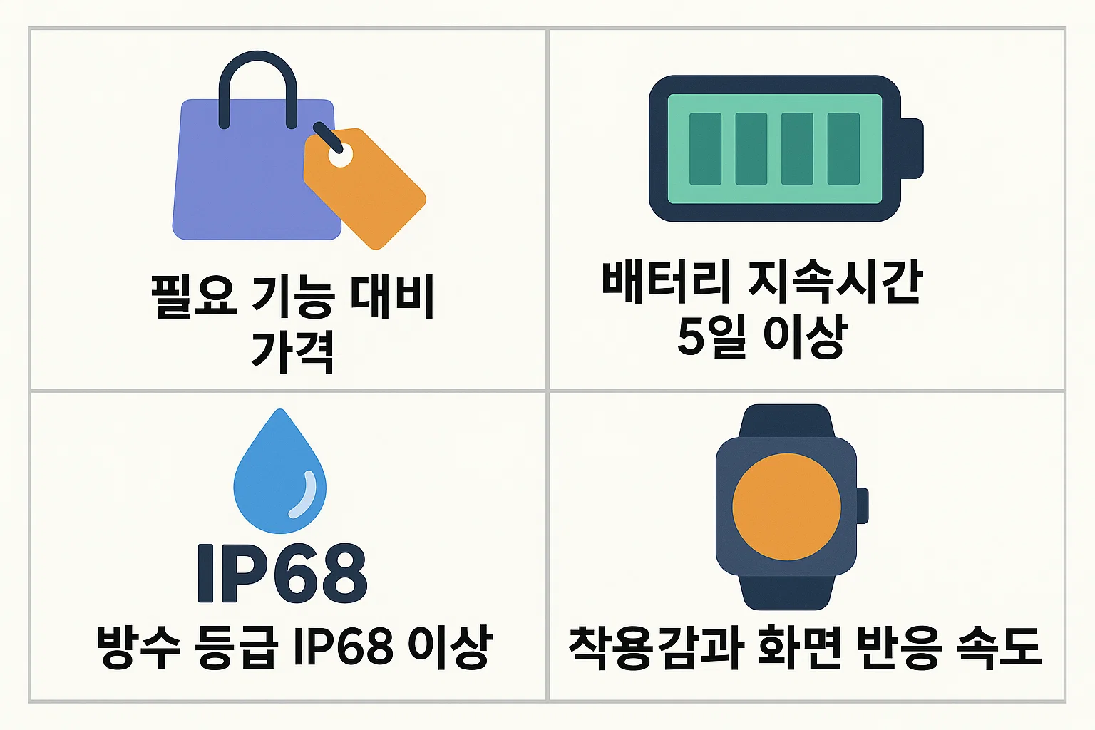 가격, 배터리 지속시간, 방수등급 IP68, 착용감 등 가성비 스마트워치 선택 시 핵심 기준을 정리한 인포그래픽.