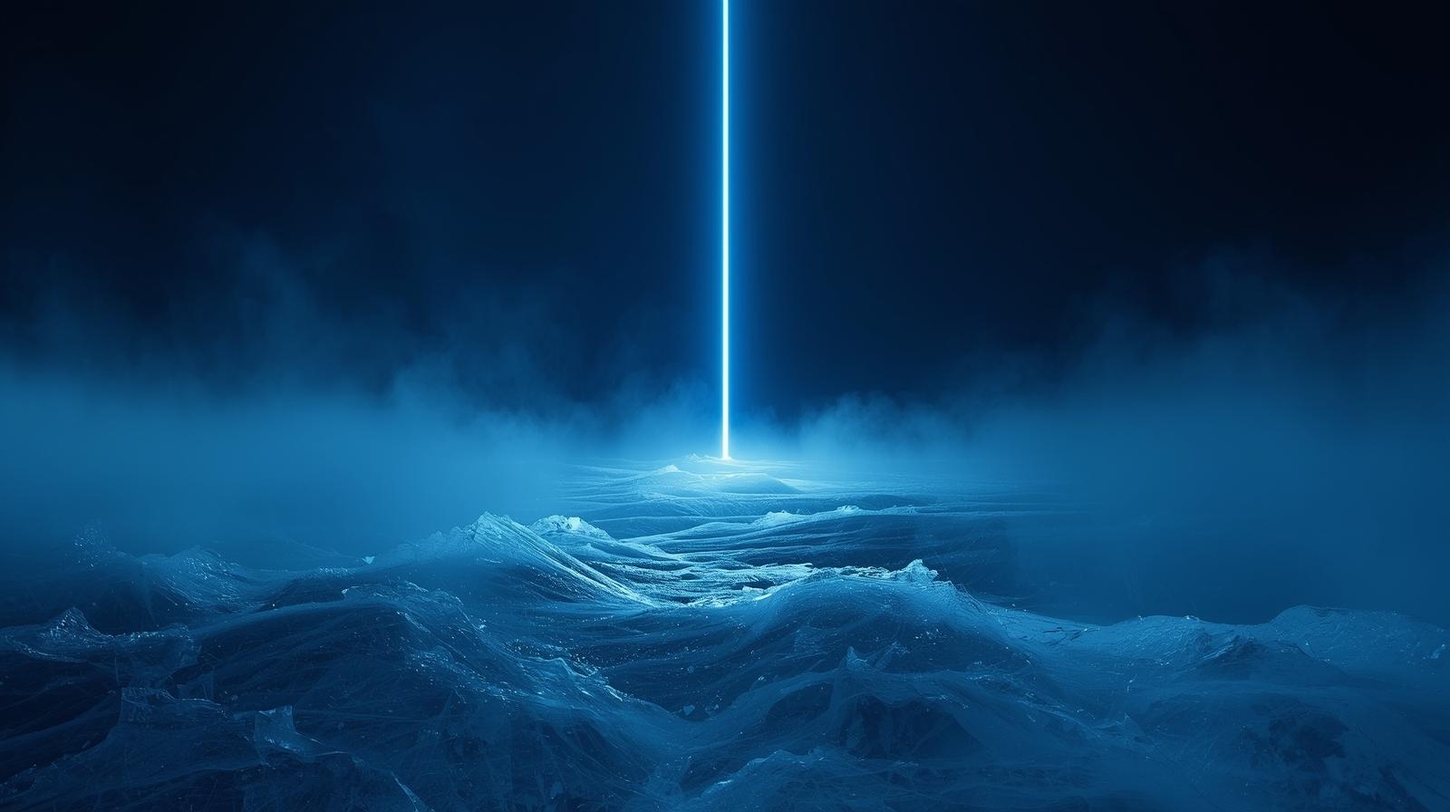 짙은 남색의 차가운 얼음 지형 위로 수직으로 곧게 뻗어 올라가는 강렬한 네온 블루 빛의 기둥이 있는 추상적이고 미니멀한 디지털 아트 이미지
