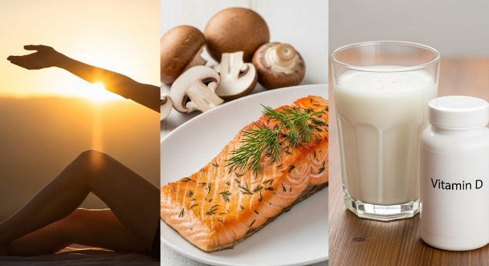 햇볕, 연어, 버섯, 우유 등 비타민D가 풍부한 음식, 그리고 영양제 병이 함께 어우러진 비타민D 섭취 방법을 보여주는 이미지.