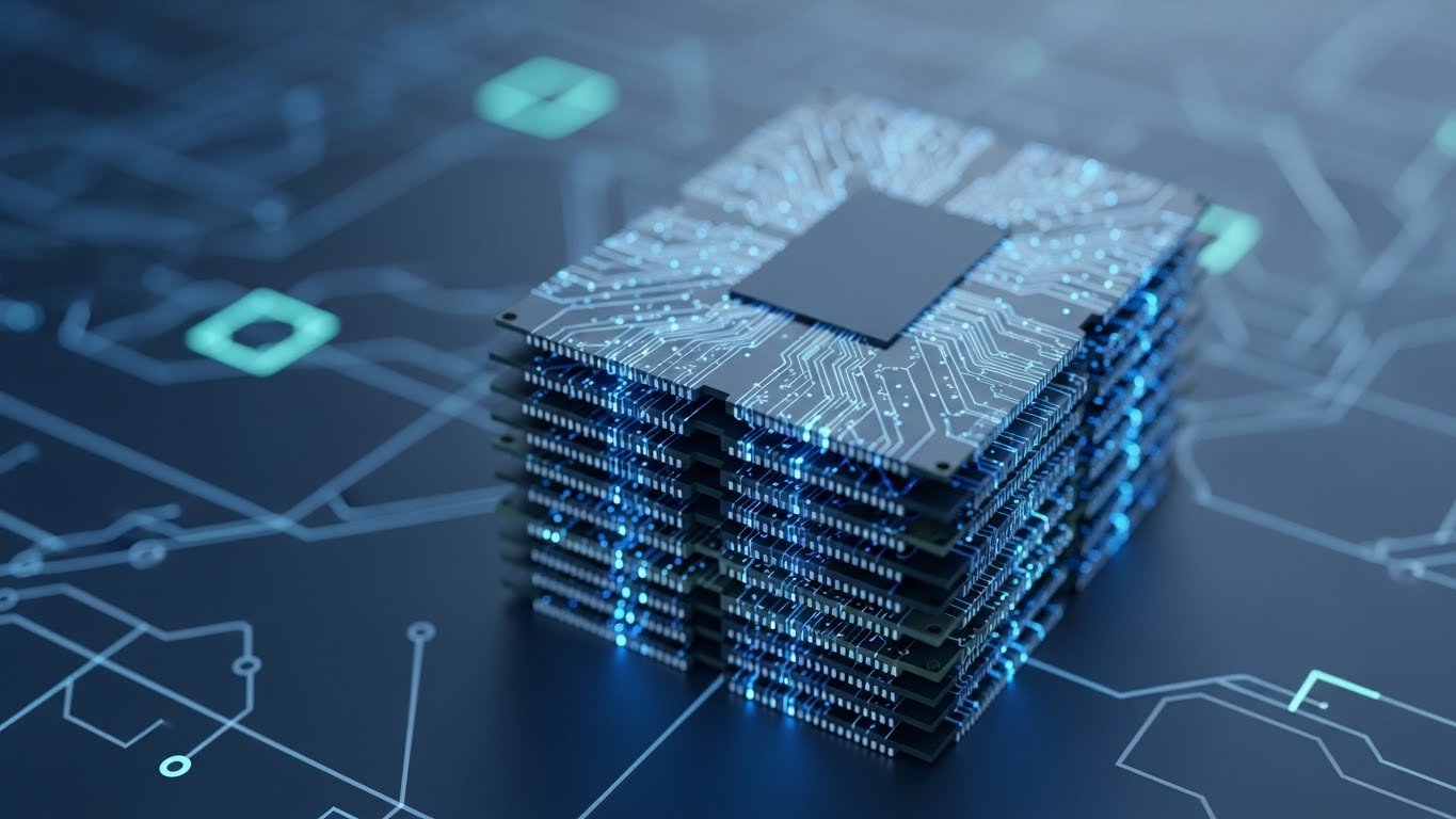 HBM4 16단 적층 기술을 보여주는 상세 이미지, 미세 회로와 데이터 경로가 강조된 차세대 메모리 구조.