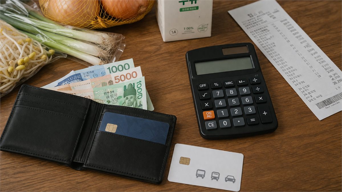 지갑과 카드&amp;#44; 장보기 물품&amp;#44; 계산기가 놓인 생활비 상징 정물 사진 