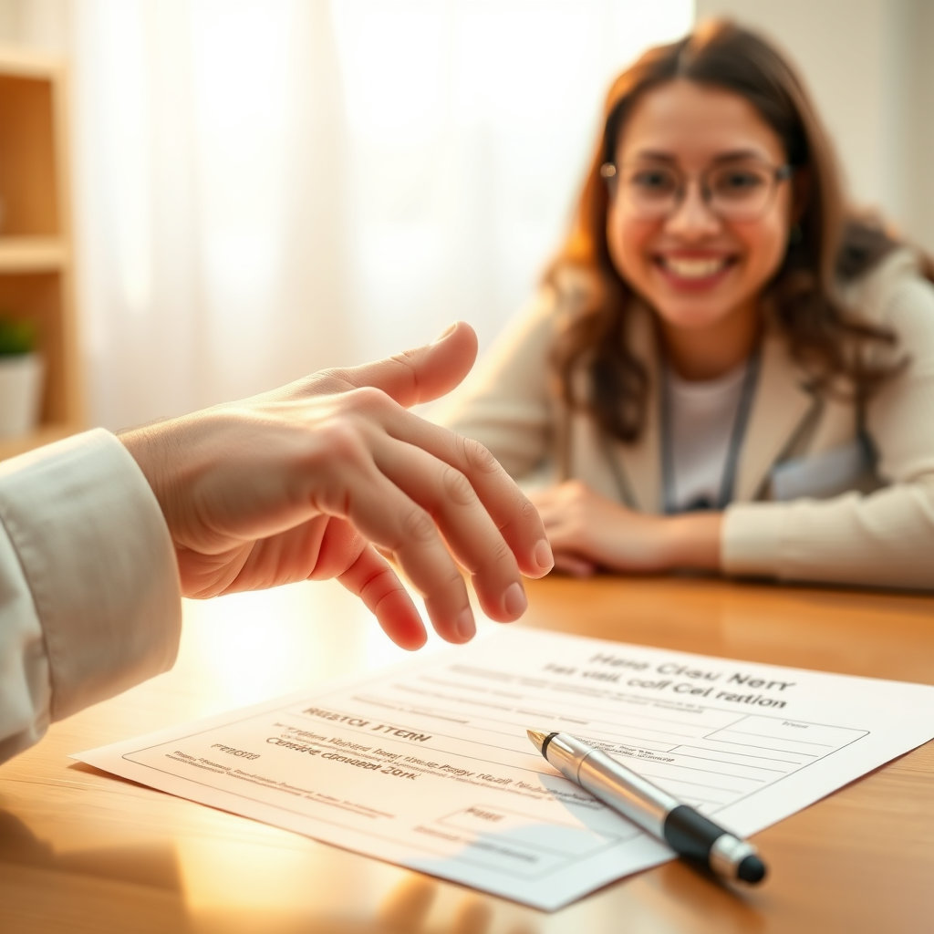 테이블 위에 놓인 조혈모세포 기증 등록 서류와 펜, 그리고 그 옆에 놓인 따뜻한 손이 서명을 하려는 순간을 포착합니다. 배경에는 밝은 미소의 상담원이나 희망찬 분위기의 공간이 보입니다.