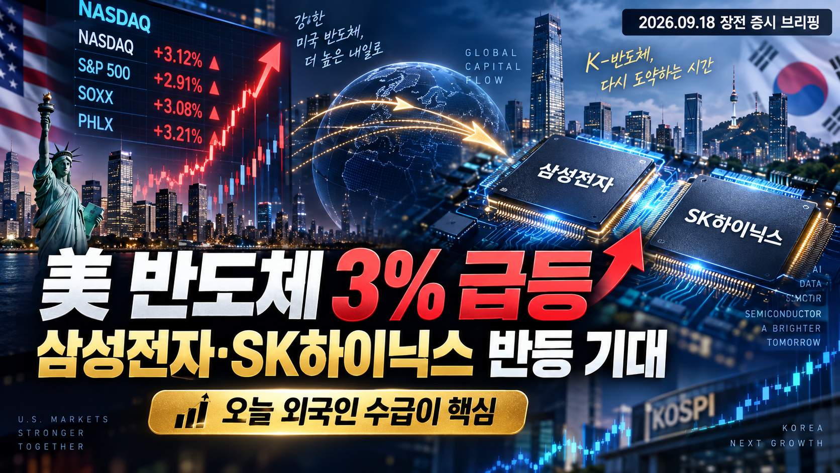 미국 나스닥과 반도체주 급등 및 미국 국채금리와 국제유가 하락을 나타낸 증시 이미지