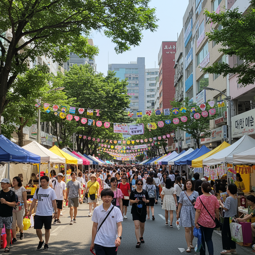 한국의 활기찬 여름 축제 현장