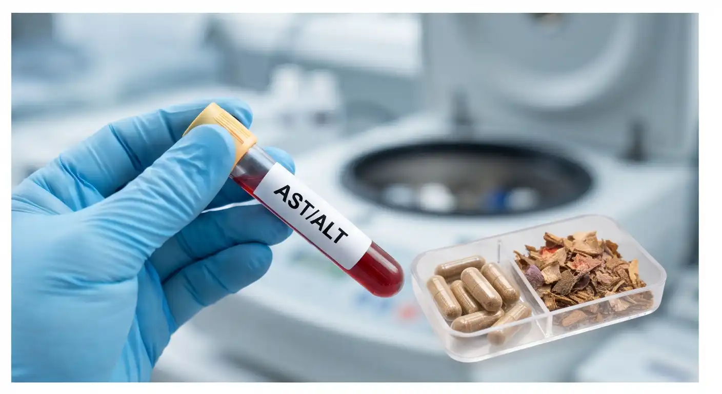 AST/ALT 간 기능 검사 혈액 튜브와 밀크씨슬 영양제 캡슐 및 허브 원료