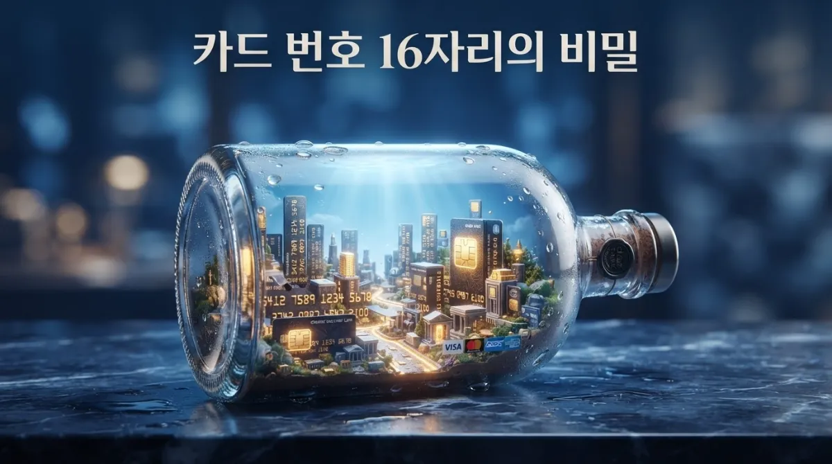 투명한 유리병 안에 떠 있는 미니어처 카드 세계 &mdash; 16자리 신용카드 번호의 세 가지 구역(IIN, 계좌번호, 체크 디짓)을 상징적으로 표현한 프리미엄 매크로 사진