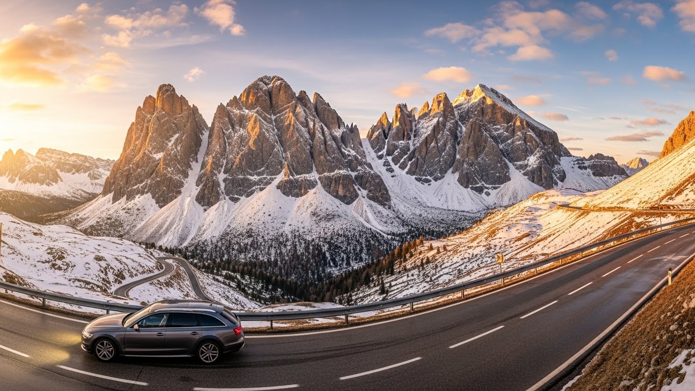 돌로미테 산맥의 설경을 배경으로 구불구불한 산길을 달리는 자동차, 이탈리아 올림픽 여행의 웅장함을 보여줍니다.