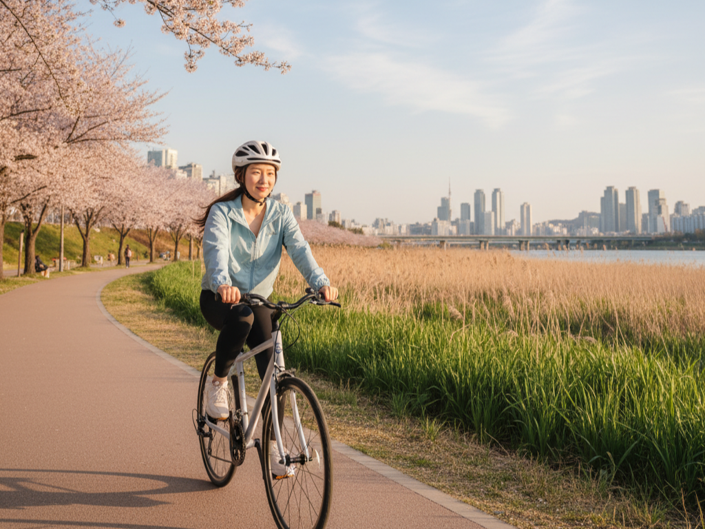 자전거 도로를 따라 여유롭게 라이딩하는 여성
