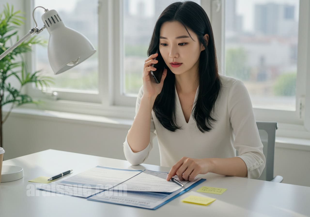 밝은 방 안에서 한국 여성이 실손보험 약관 문서와 메모지를 앞에 두고 보험사 상담센터에 전화를 걸고 있습니다. 진료 전 사전 확인의 중요성을 전달하는 장면입니다.