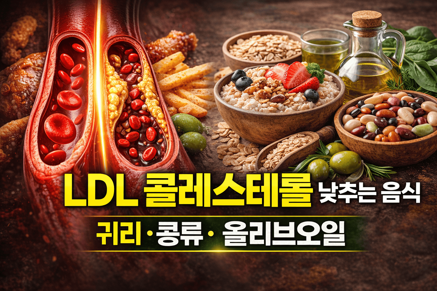 LDL 콜레스테롤 낮추는 음식 (귀리, 콩류, 올리브오일)