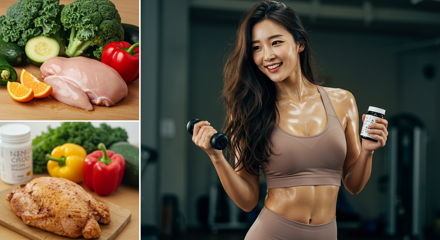 헬스장에서 땀 흘리며 운동하는 사람, 채소와 닭가슴살이 담긴 식사 준비 장면, 비타민 보충제를 손에 들고 있는 모습
