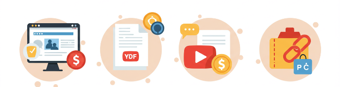 블로그, 유튜브, PDF 전자책, 제휴 마케팅 등 콘텐츠 수익화 방식이 아이콘으로 정리된 일러스트 이미지”