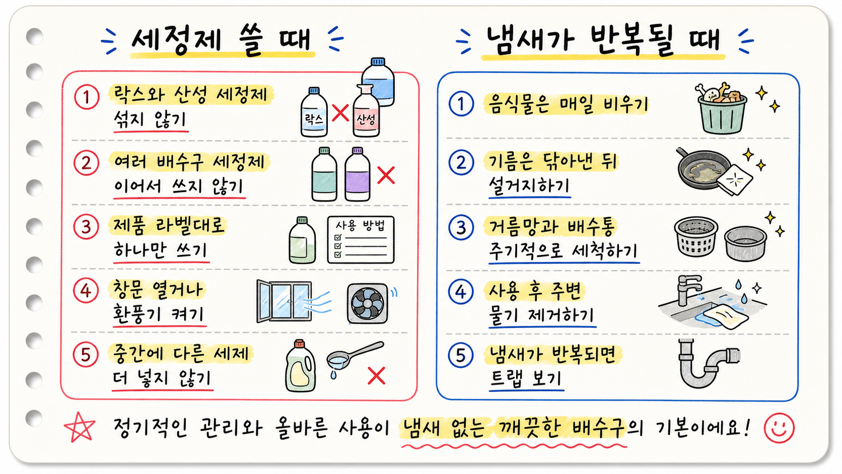 싱크대 배수구 세정제 사용 주의와 냄새 반복 방지 방법을 정리한 손글씨 카드
