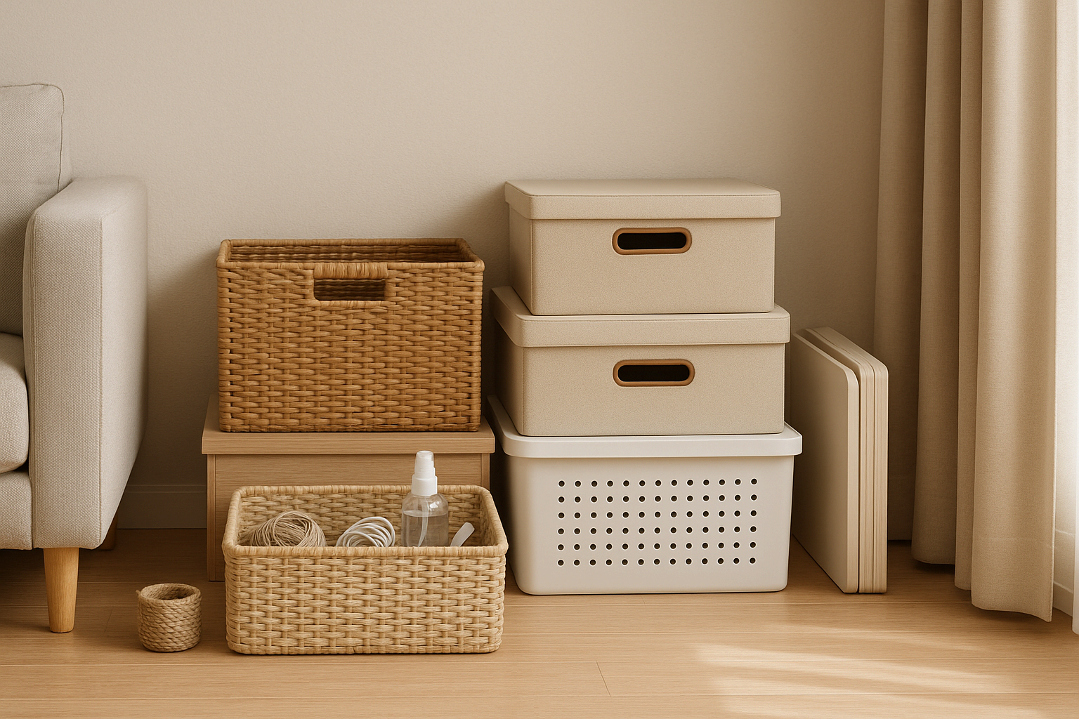 바구니와 수납박스를 활용해 정리된 거실