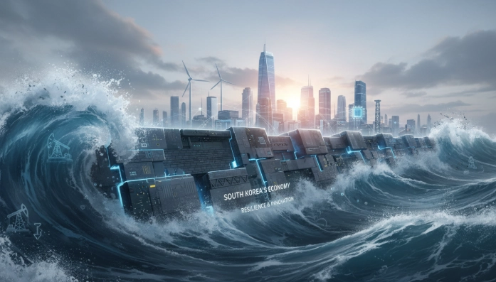 중동 위기 속 대한민국 경제가 파도를 막아내는 굳건한 방파제처럼 서 있는 모습. 푸른색과 회색 톤으로 강인함과 희망을 표현하며, 현대적인 산업 요소들이 미래 성장을 상징합니다.