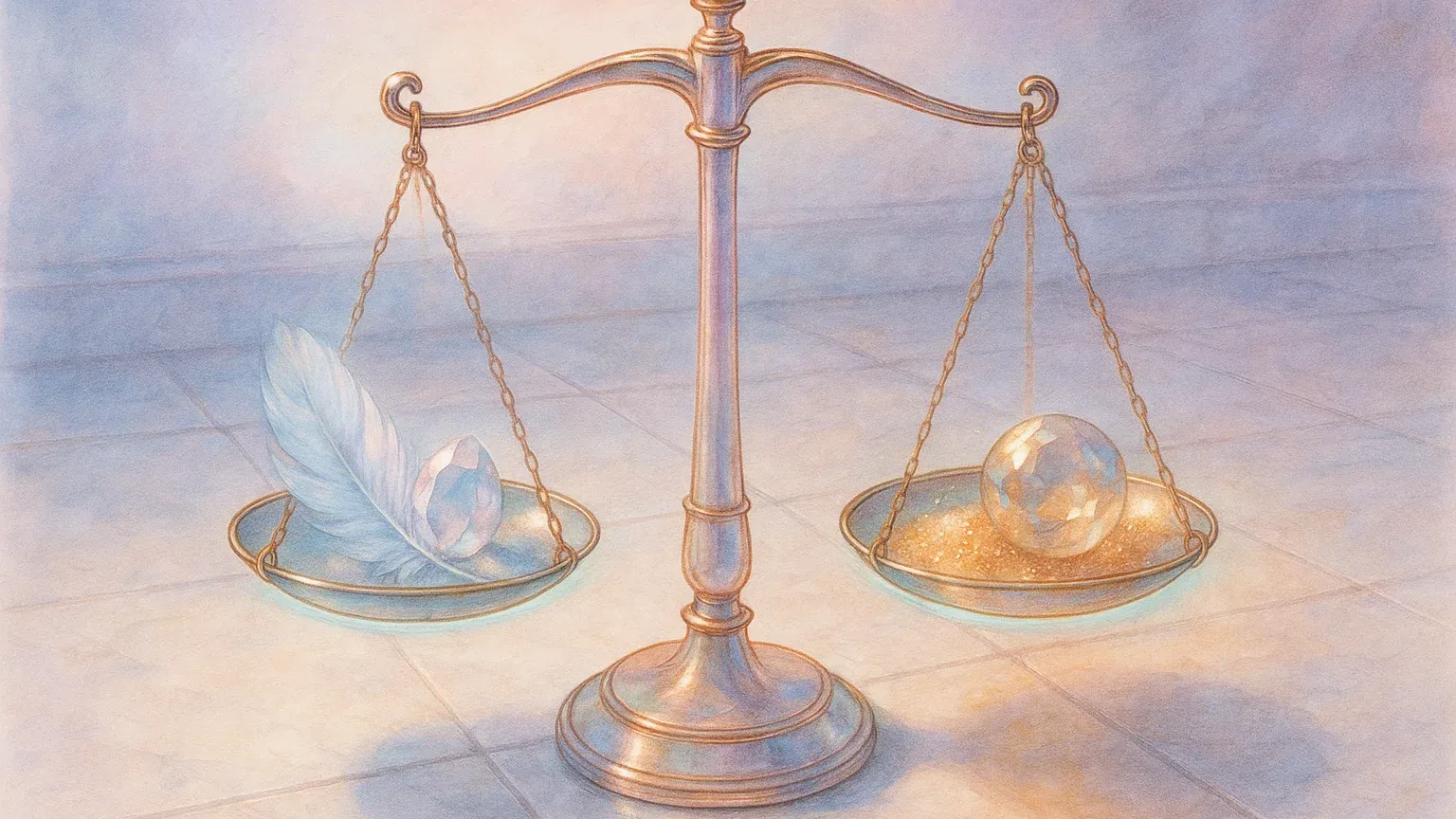 겸손과 자신감의 균형을 보여주는 천칭 이미지, 한쪽에는 '진정한 겸손', 다른 쪽에는 '건강한 자기존중'이 조화롭게 균형을 이루고 있는 모습