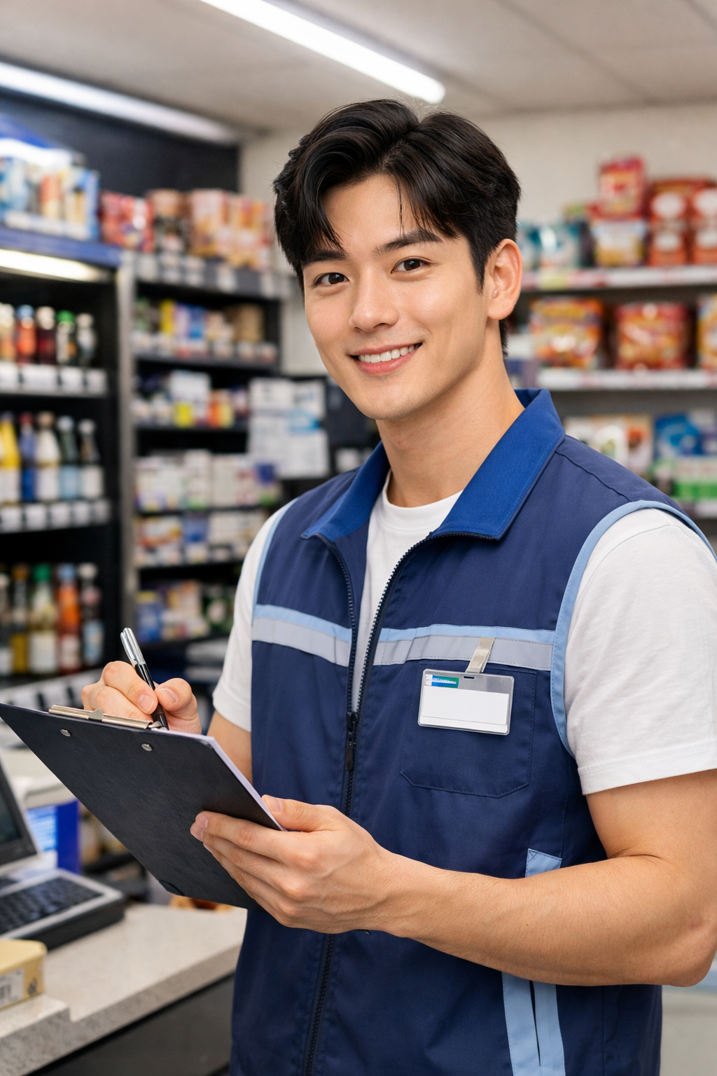 편의점 매장에서 재고와 매출을 점검하는 편의점 점주