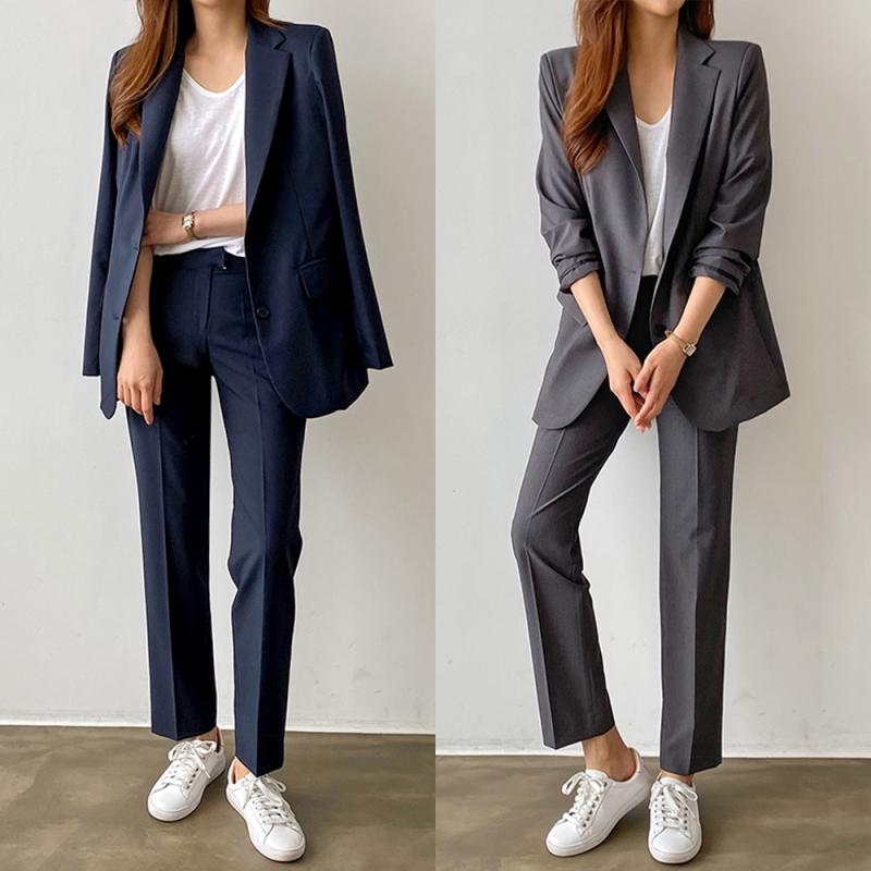 여성정장세트 여자세미정장 싱글 네이비 수트 셋업 기본 면접정장