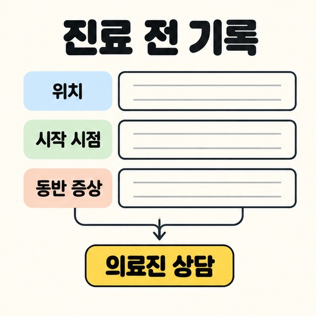 위치, 시작 시점, 동반 증상의 빈 기록란을 화살표로 의료진 상담에 연결한 진료 전 기록 안내