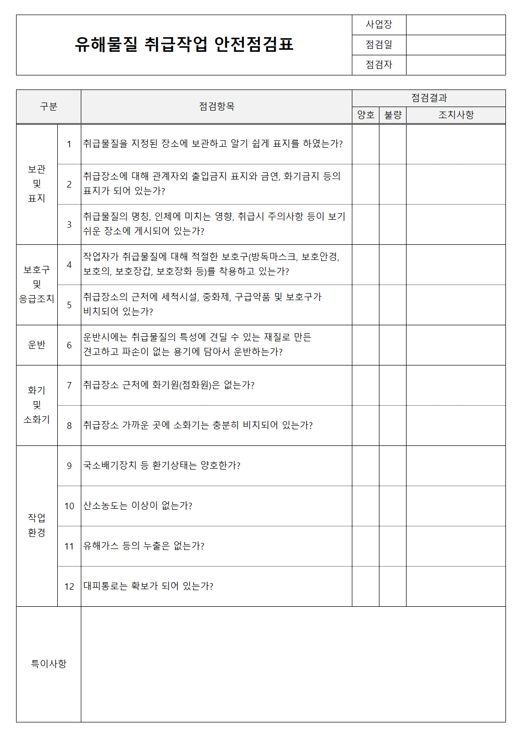 유해물질 취급작업 안전점검표