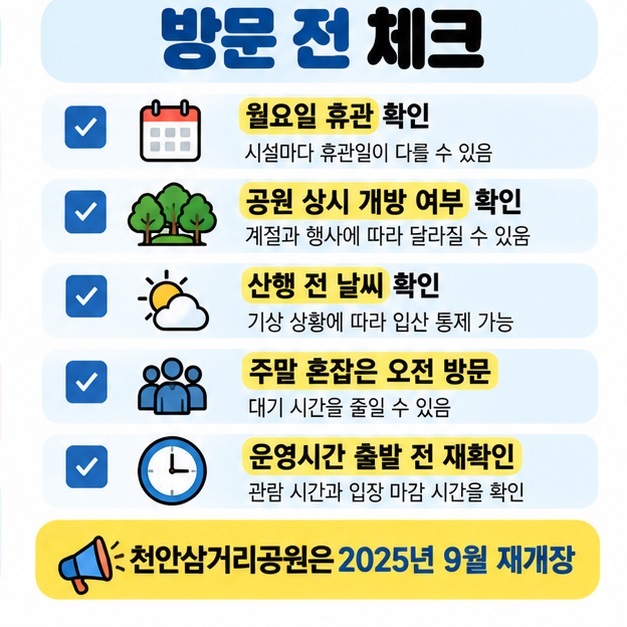 독립기념관과 유관순열사 사적지의 휴관일, 공원 상시 개방, 성성호수공원 방문자센터 운영시간, 산행 날씨와 주말 혼잡을 확인하도록 정리한 카드