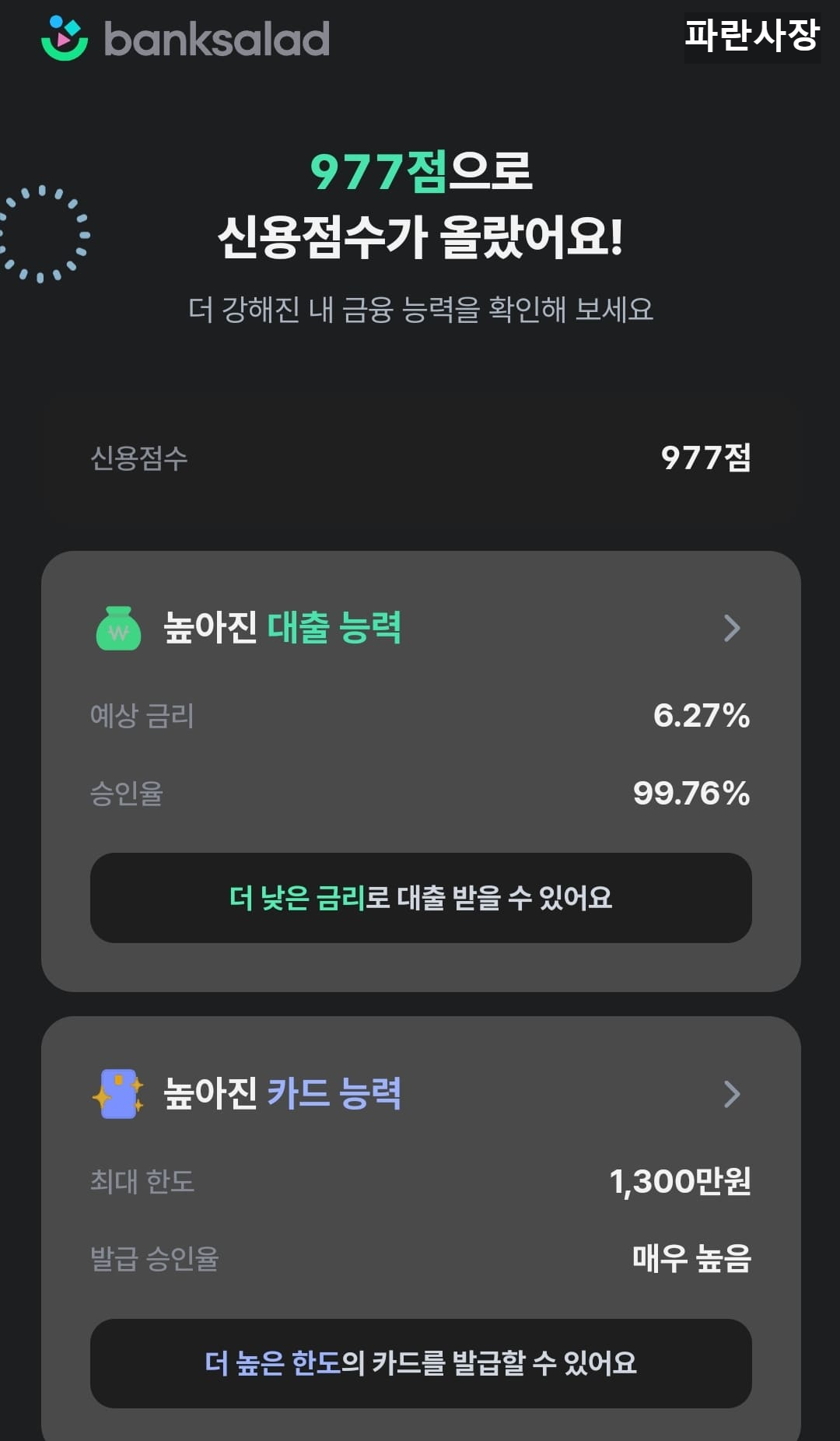 뱅크셀러드-어플-kcb-신용점수-977점