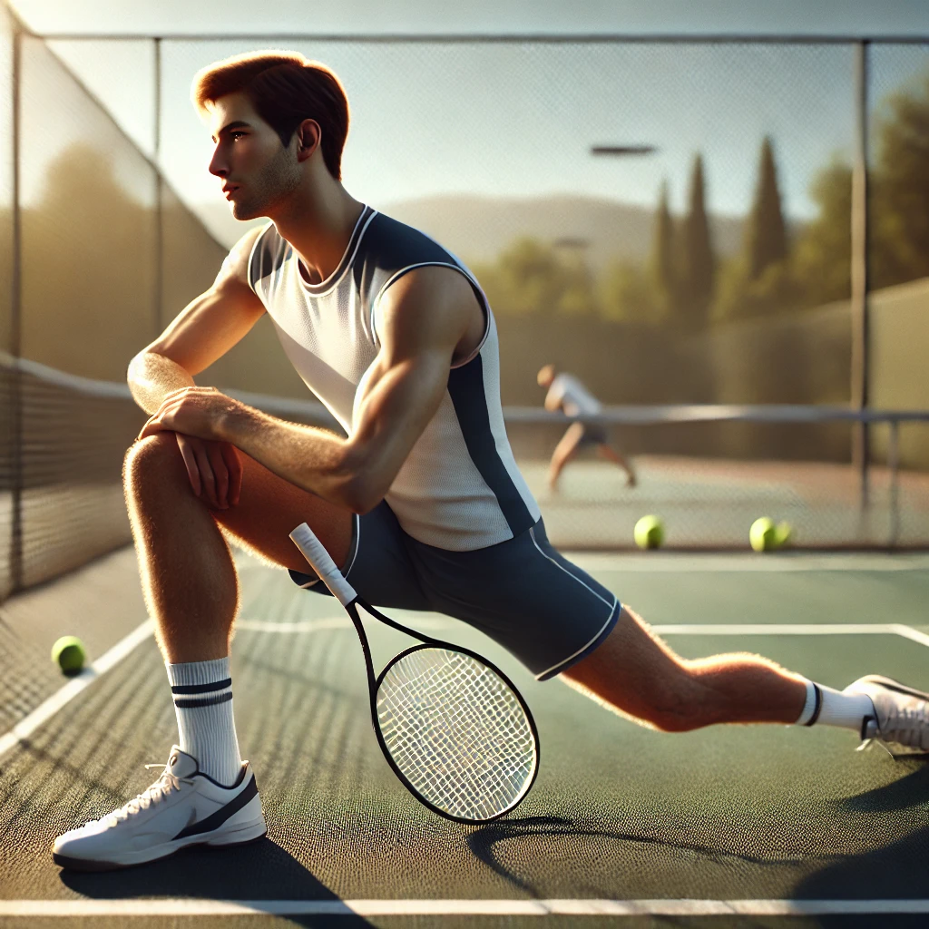 테니스 코트에서 경기를 준비하며 깊은 런지 스트레칭을 하는 선수, 주변에 테니스 공이 흩어져 있음.