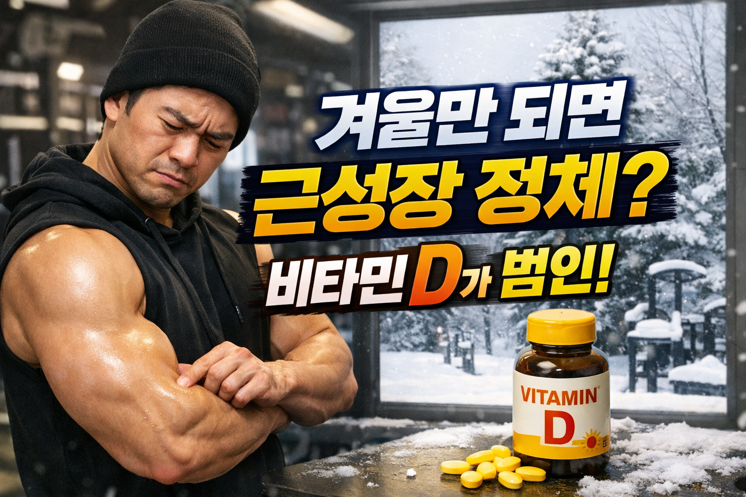 겨울 헬스장에서 근육 성장이 정체된 남성과 비타민D 영양제를 통해 비타민D 부족과 근성장 관계를 설명하는 이미지