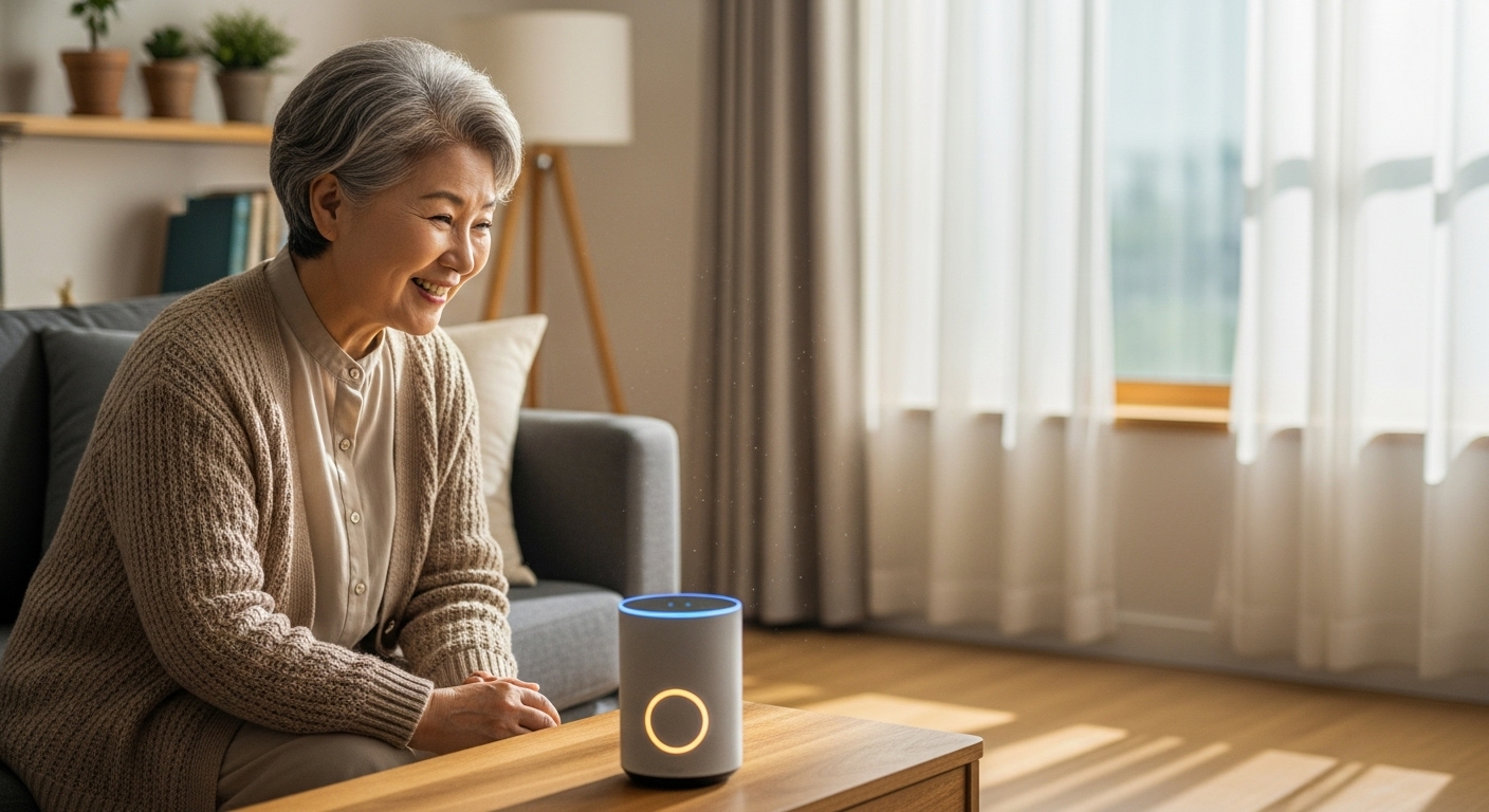 거실에서 AI 스피커와 대화하는 70대 여성