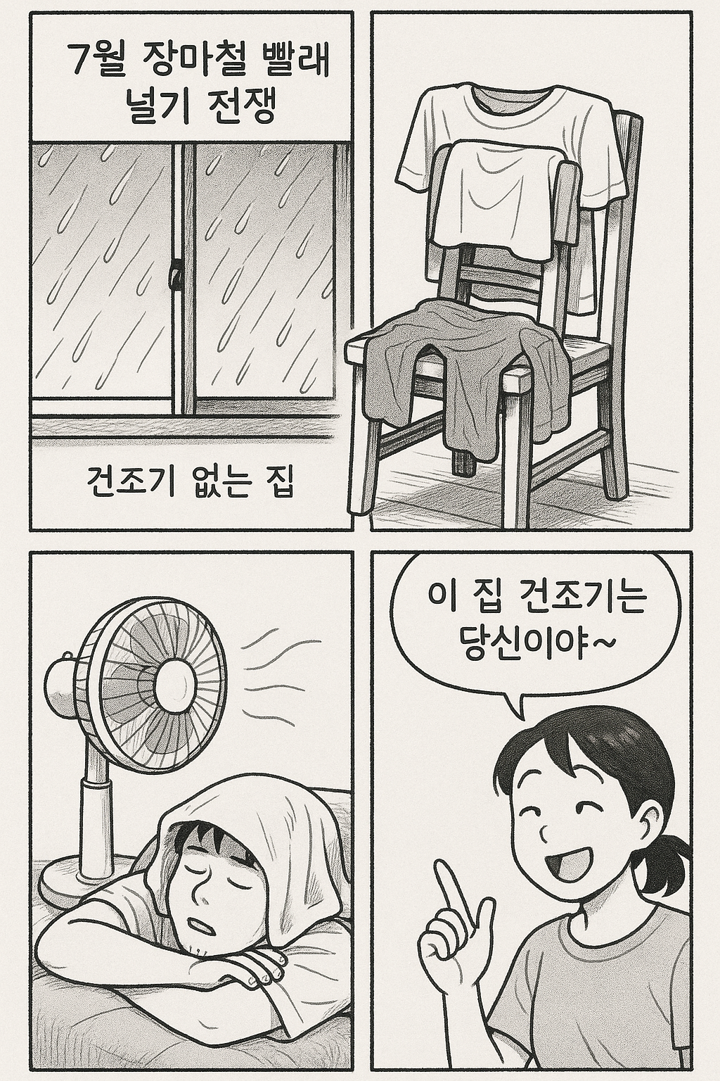 7월 장마철 빨래 널기 전쟁을 유쾌하게 그린 흑백 4컷 만화 그려줘.