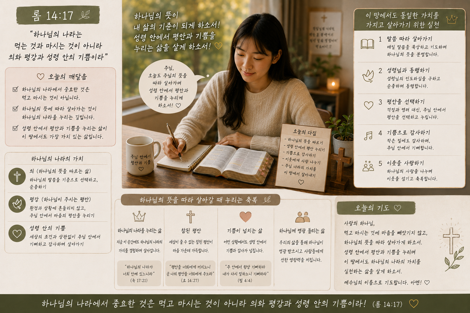 롬 14:17 말씀에서 하나님의 나라에서 중요한 것은 먹고 마시는 것이 아니라 하나님의 뜻에 따라 살아가고&amp;#44; 성령 안에서 평안과 기쁨을 누리는 삶임을 기억하며&amp;#44; 이 땅에서도 동일한 가치를 가지고 살아가려는 시도를 하는 모습입니다.