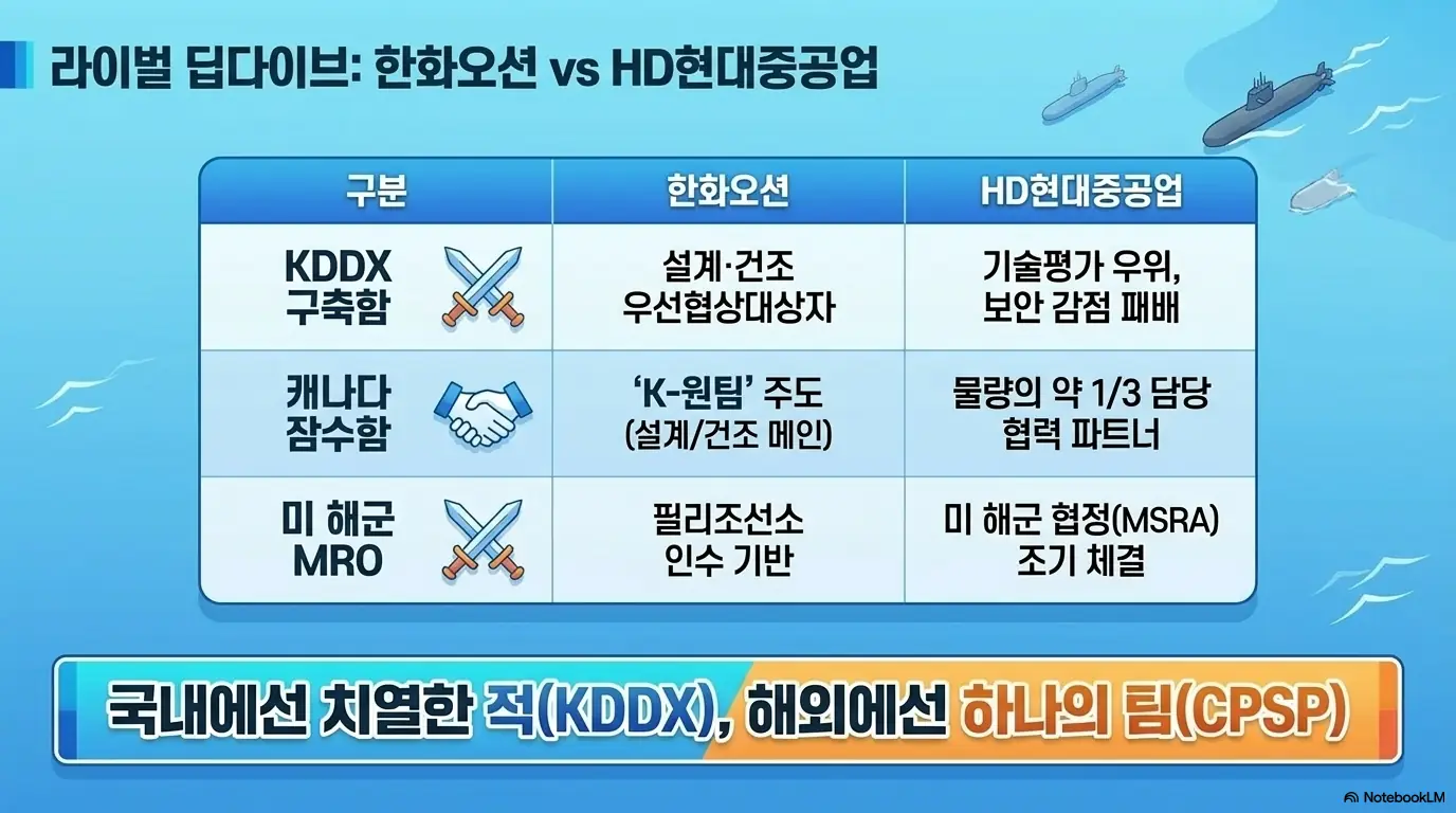 한화오션 주가 전망: 한화오션과 HD현대중공업의 경쟁 구도를 비교한 이미지로, KDDX 구축함에서는 한화오션이 우선협상대상자로 앞서고 캐나다 잠수함에서는 K-원팀으로 협력하며 미 해군 MRO 시장에서는 각자 전략이 다른 점을 표로 정리함. 국내에선 경쟁자, 해외에선 한 팀이라는 두 회사의 관계를 한화오션 주가 전망 관점에서 설명함.