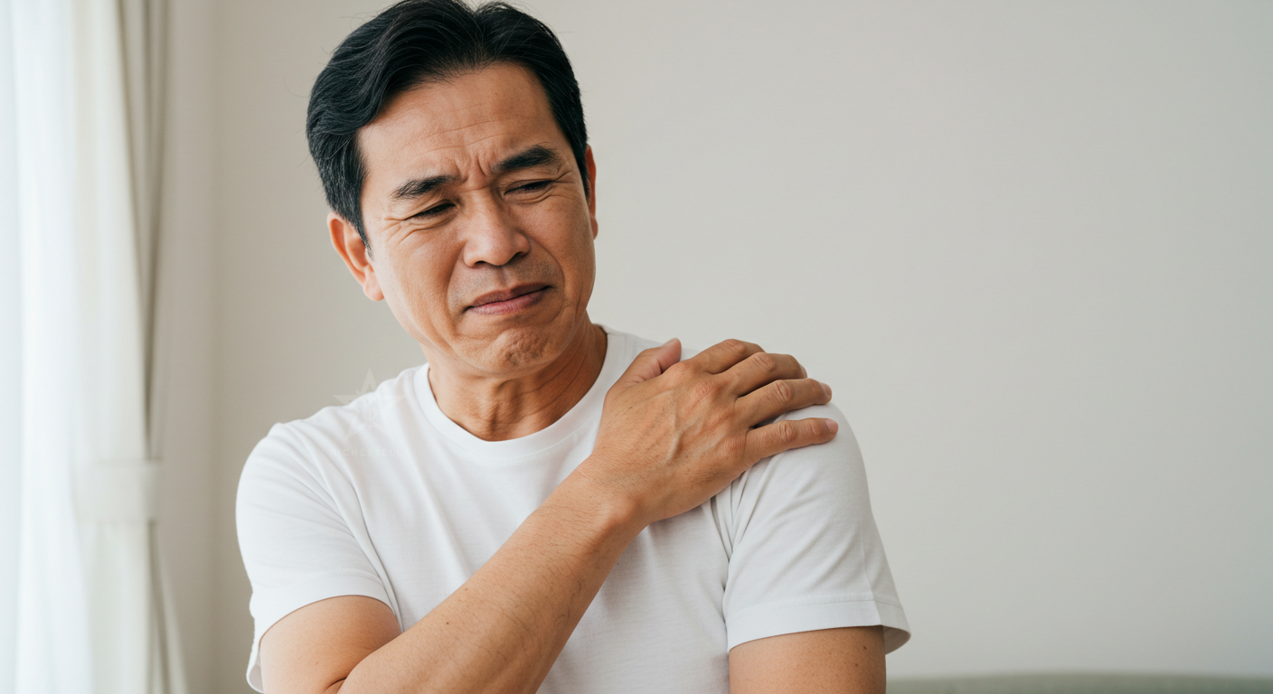 어깨힘줄파열 증상으로 아파하는 중년의 남성