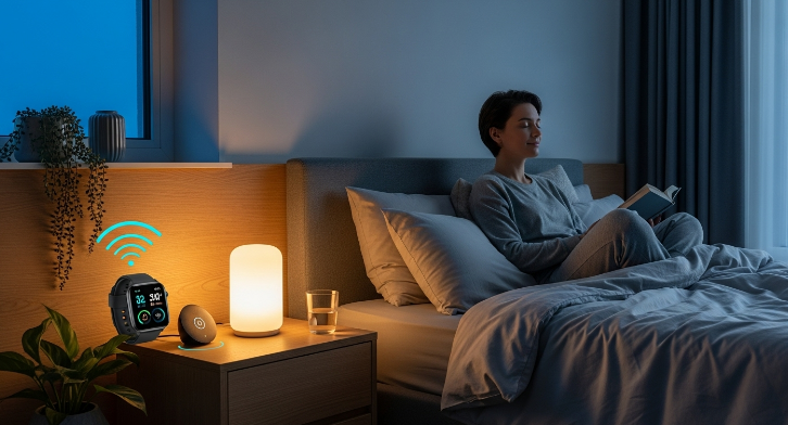 스마트 조명으로 아늑한 분위기가 연출된 현대적인 침실. 침대에 앉아 편안하게 휴식하는 사람의 모습과 스마트 워치가 보입니다.