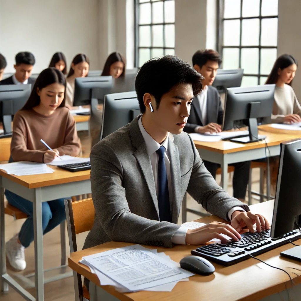 학생 그룹이 교실에서 컴퓨터 자격증 시험을 모의고사 형식으로 진행하며 모두 컴퓨터 화면에 집중하고, 학습 자료가 주변에 배치된 모습.