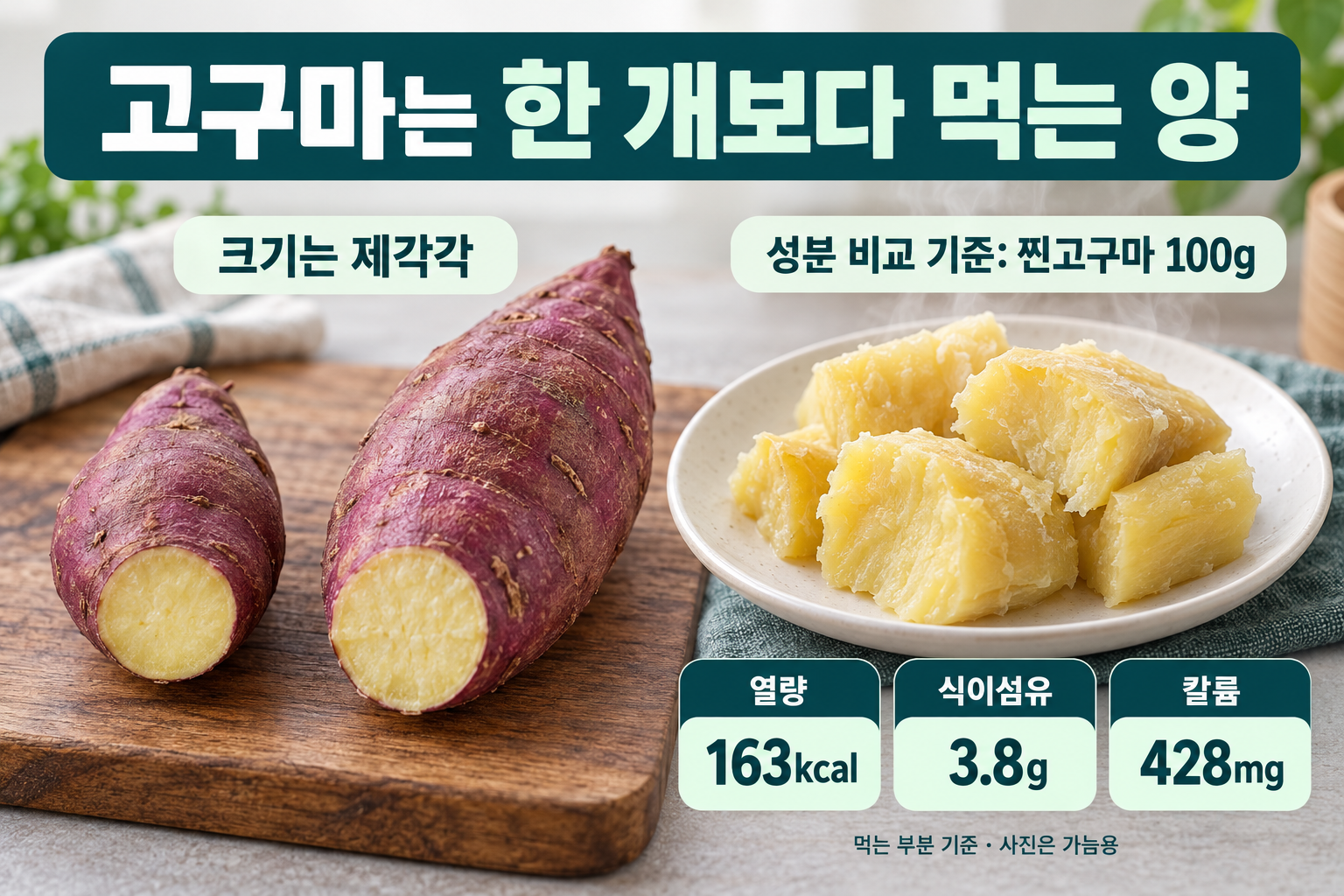 서로 크기가 다른 고구마와 찐고구마 조각 접시. 고구마 한 개와 100g은 같지 않으며, 찐고구마 먹는 부분 100g의 열량163kcal&middot;식이섬유3.8g&middot;칼륨428mg을 비교 기준으로 제시합니다.