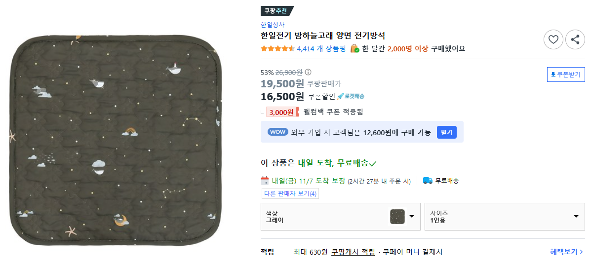 한일전기 밤하늘고래 양면 전기방석