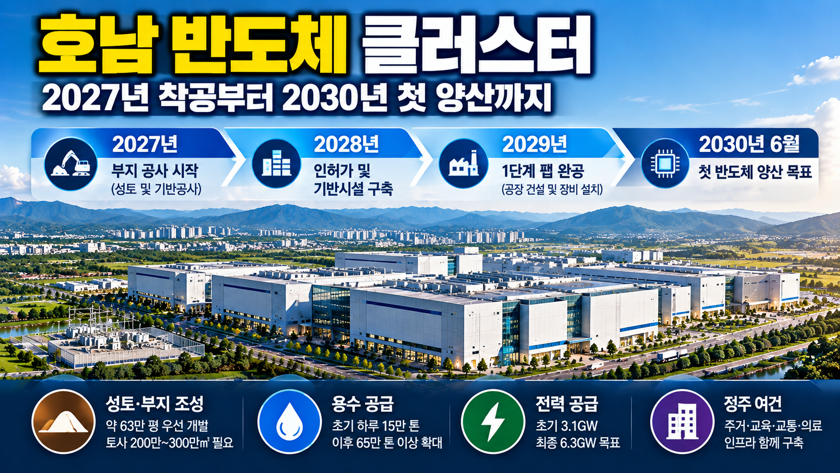 호남 반도체 클러스터 2027년 부지 공사부터 2029년 1단계 팹 완공, 2030년 6월 첫 양산 목표까지의 추진 일정과 용수·전력 공급 계획