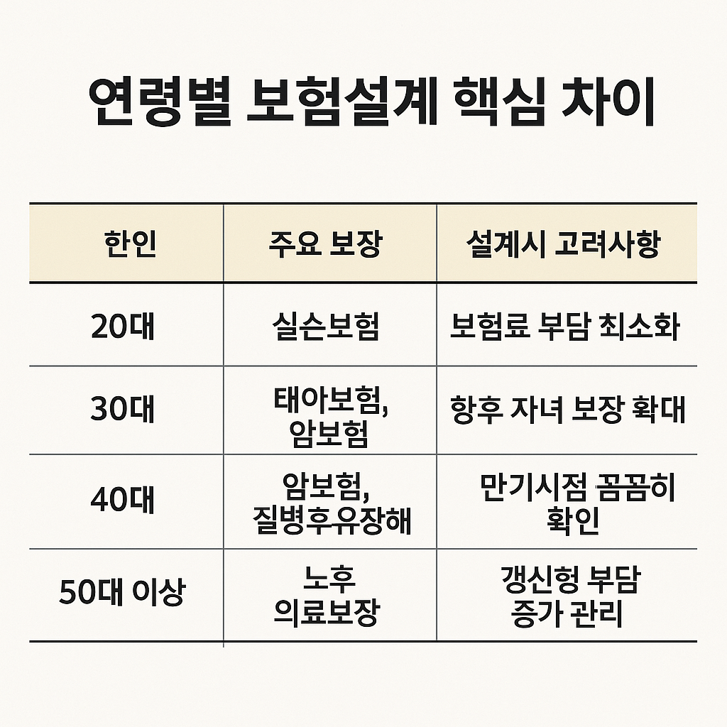 연령별 보험설계 핵심 차이 요약표