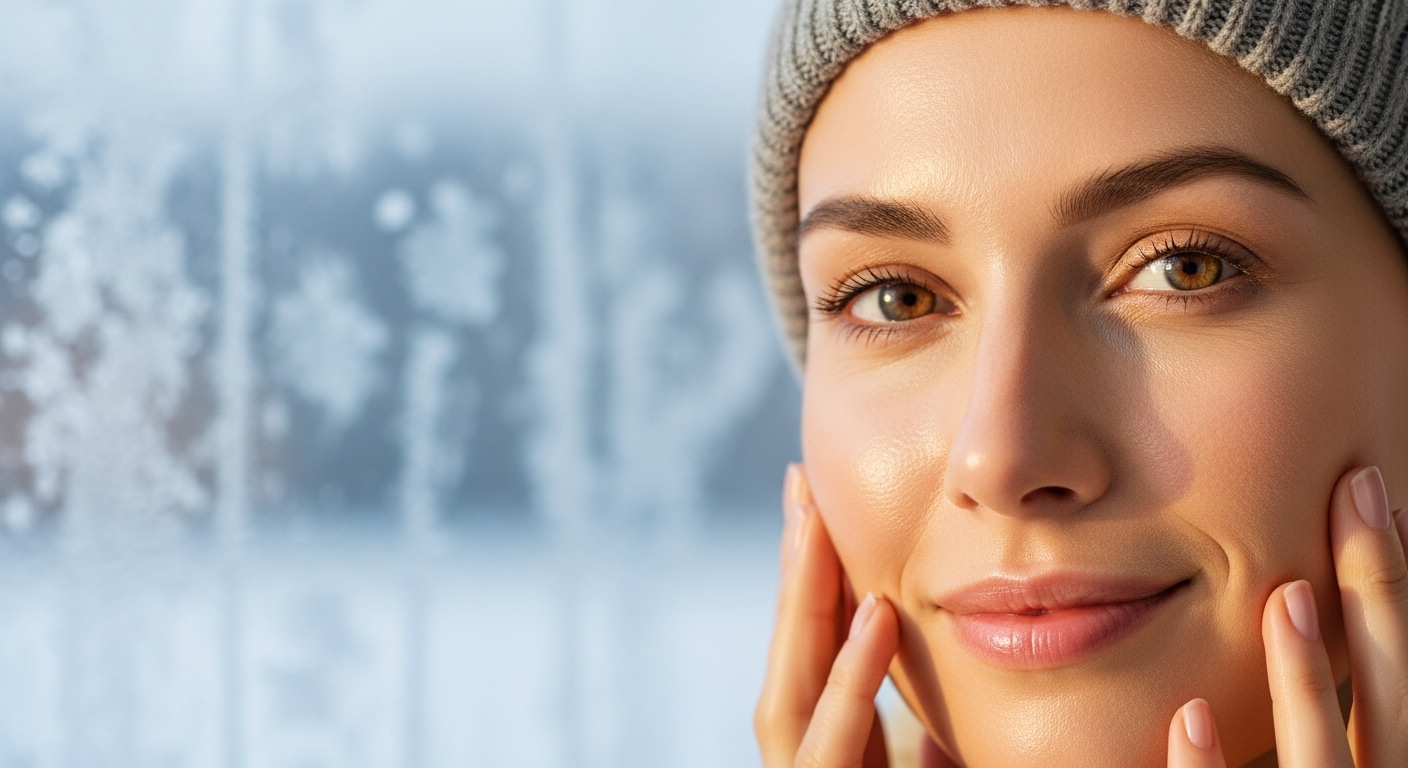 차가운 겨울날에도 촉촉하고 건강하게 빛나는 여성의 얼굴 클로즈업. 피부가 수분감으로 가득 차 있어 보인다.