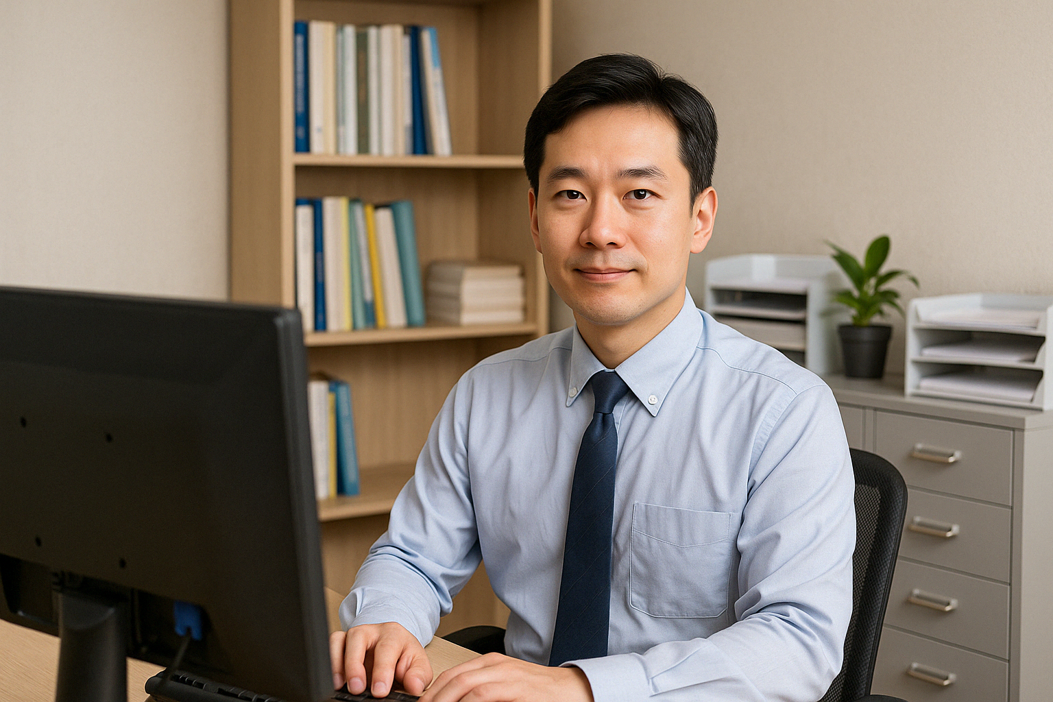 동양인-공무원-사무실-책상에-앉아-컴퓨터-작업중-미소짓는-남성-정장차림-사무용-책장과-화분-배경