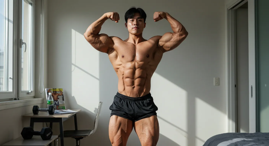 집에서 보디빌딩 포즈를 하고 있는 보디빌더