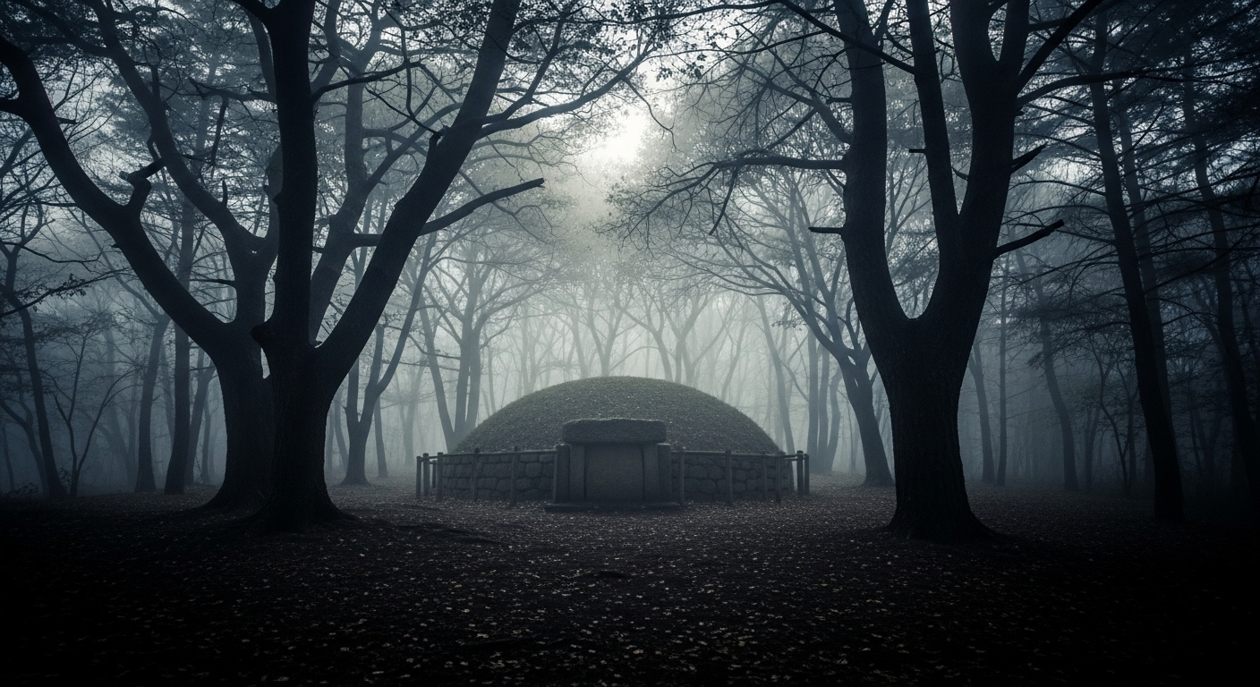 안개 낀 숲 속의 고요한 한국 전통 무덤 봉분. 영화 '파묘'의 미스터리하고 으스스한 분위기를 연상시키는 장면