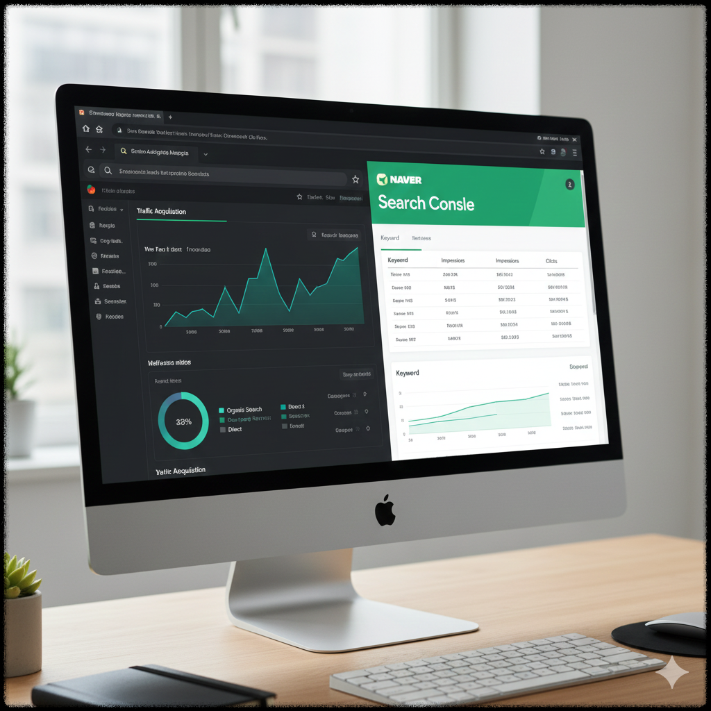 사용자가 블로그의 구글 네이버 검색 유입 데이터를 분석하는 모습
