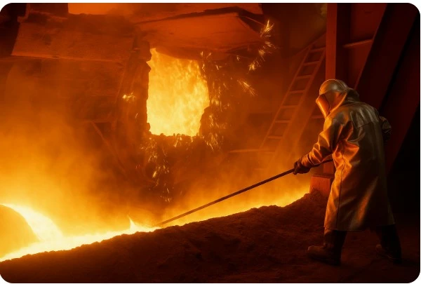 제철소 용광로 앞에서 작업하는 근로자의 모습