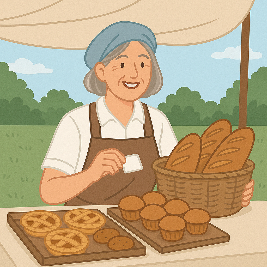 야외 마켓 천막 아래에서 갈색 앞치마와 파란 베레모를 쓴 50대 여성이 파이, 쿠키, 머핀, 바게트 등을 테이블 위에 진열해 놓고 손님을 기다리는 따뜻한 분위기의 장면