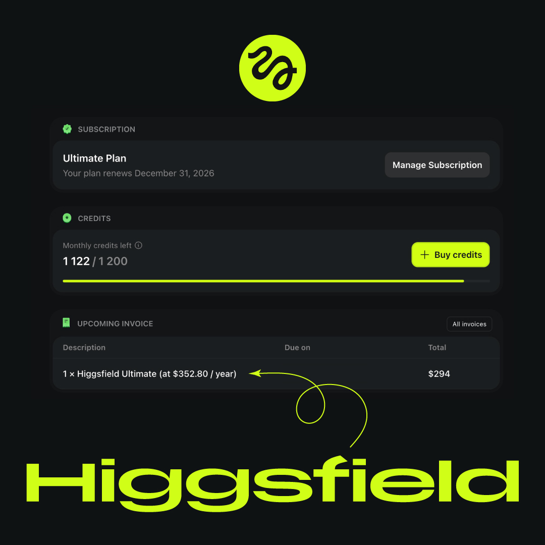 영상 생성형 AI 힉스필드 Higgsfield 구독 화면