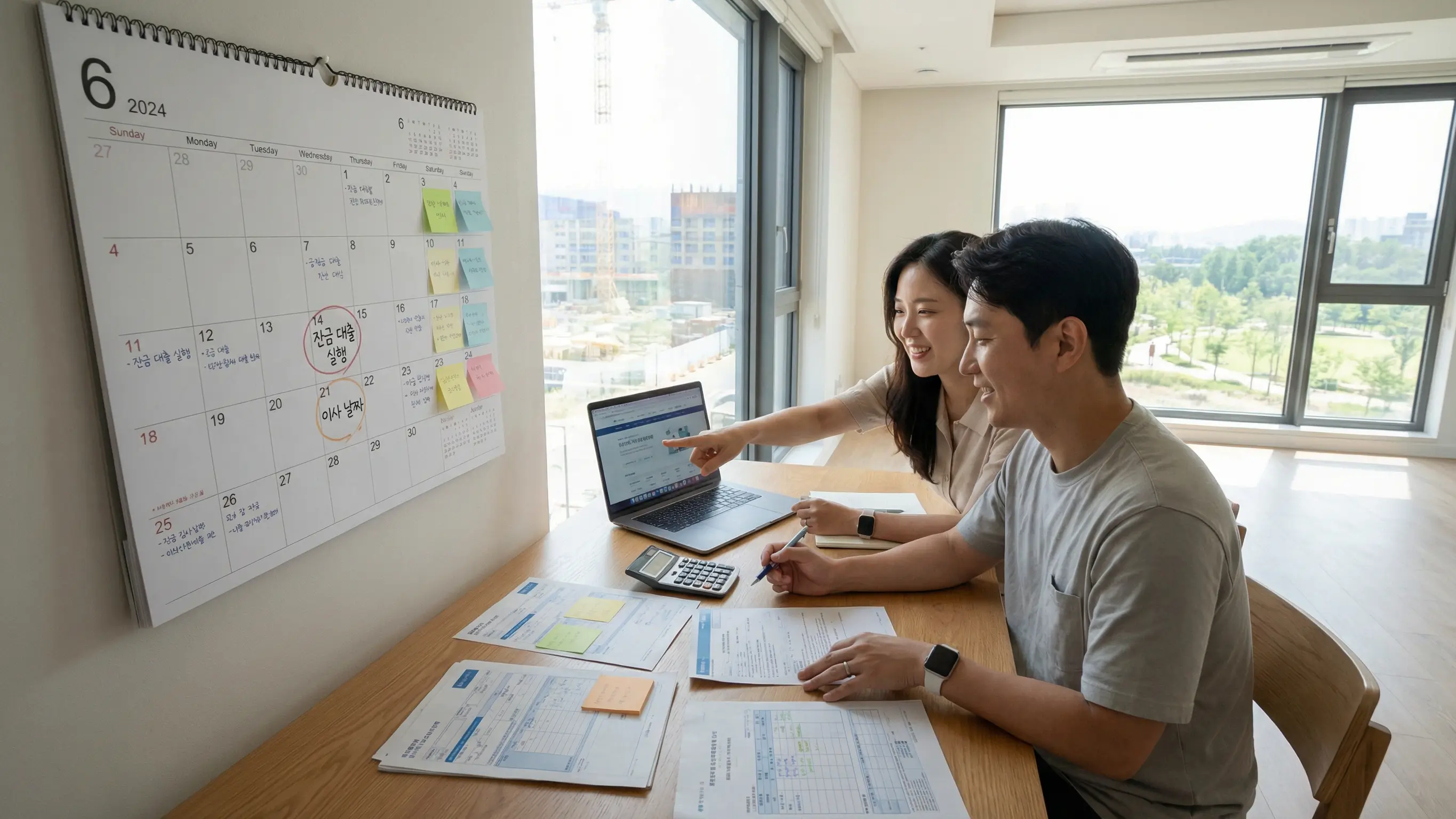 새 아파트 입주를 앞두고 잔금 대출 실행 시기를 캘린더에 표시하며 꼼꼼하게 계획하는 모습