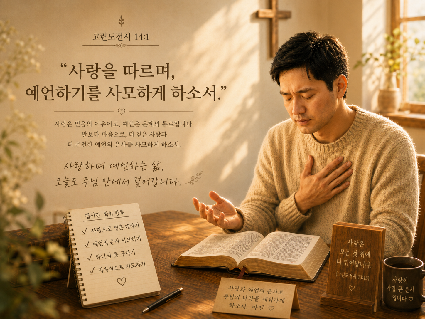 고전 14:1 말씀에서 사랑하는 것 외에 예언하는 은사를 구하는 것이 중요함을 묵상하며&amp;#44; 은사를 구하는 삶에 대한 동기부여를 지속적으로 갖는 것이 필요하다고 생각되었고&amp;#44; 사랑과 예언을 간절히 구하는 삶을 살아가도록 펩시간에 확인할 항목으로 기입하고 잘 지속하도록 기도하는 시간을 갖는 모습입니다.